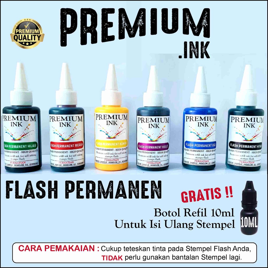 

iK! Tinta Stempel Flash Permanen 100ml - Free Botol Refill 10ml - Tinta Stempel Plastik Mika Kaca