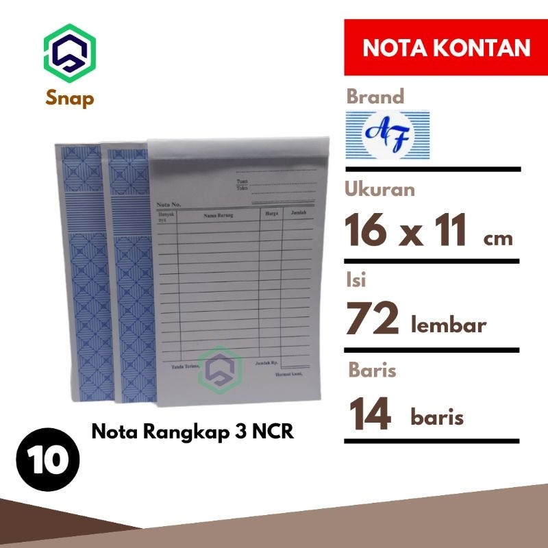 

IK! Nota Bon Kontan 3 Rangkap 3 Ply NCR Kecil AF - 10 Buku