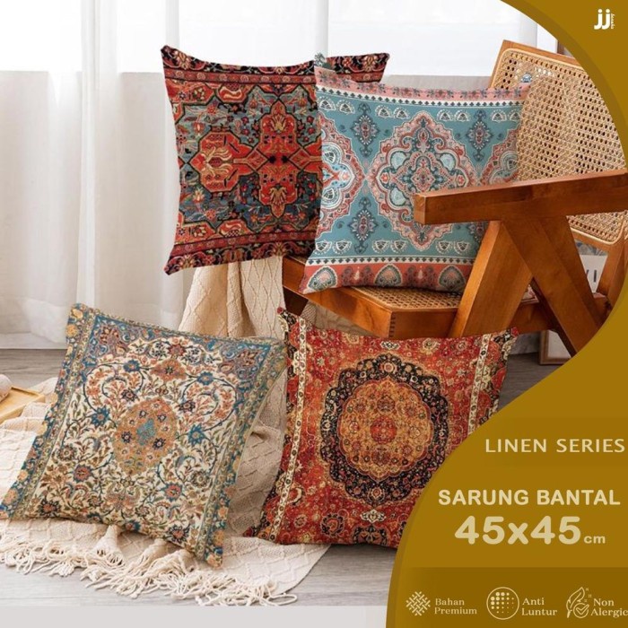Sarung Bantal Sofa 45X45 Cm Linen Motif Maroko Etnik Bohemian