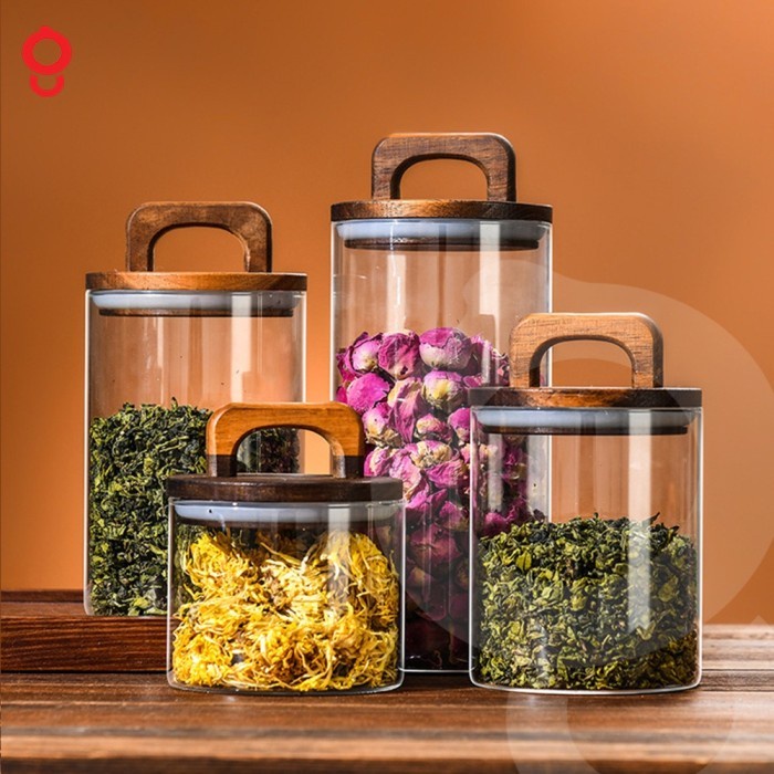 / Ganghan Toples Kaca Tutup Kayu Glass Jar Canister Wooden Lid