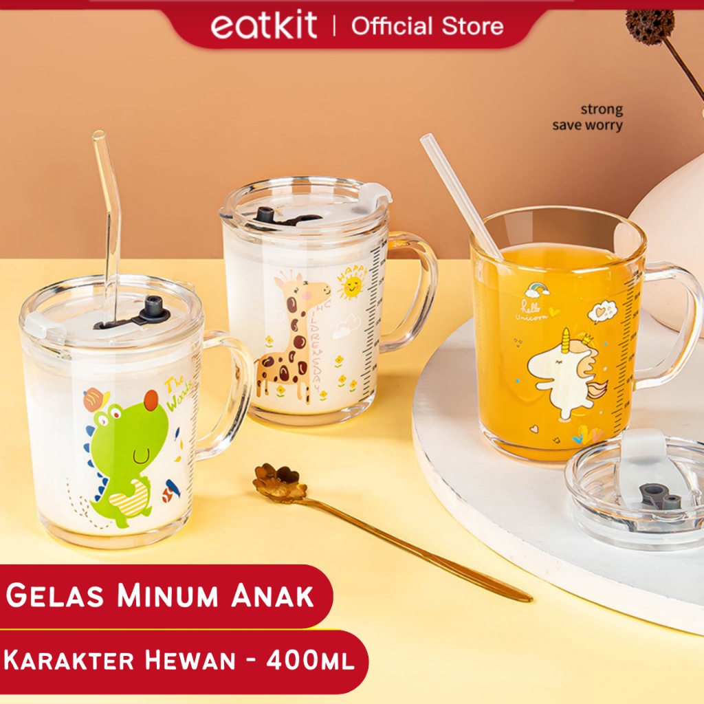 Eatkit Gelas Minum Anak 400ml Mug Susu Anti Tumpah Gelas Kaca Motif Karakter Hewan Dengan Gagang