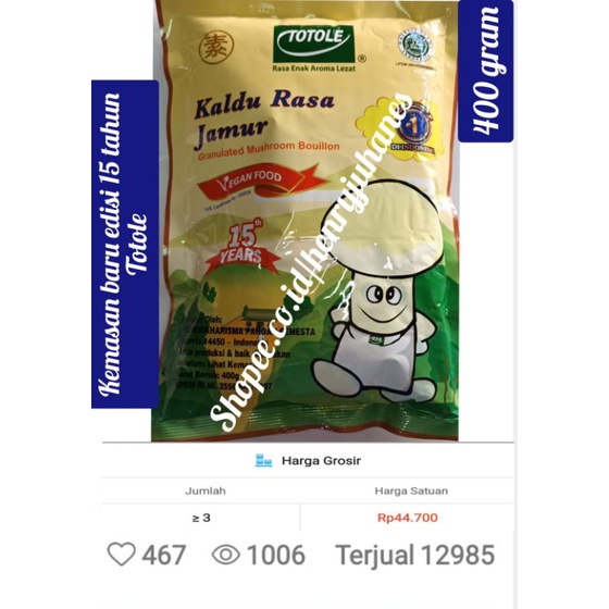 

totole kaldu rasa jamur kemasan 400 gram vegetarian halal penyedap rasa