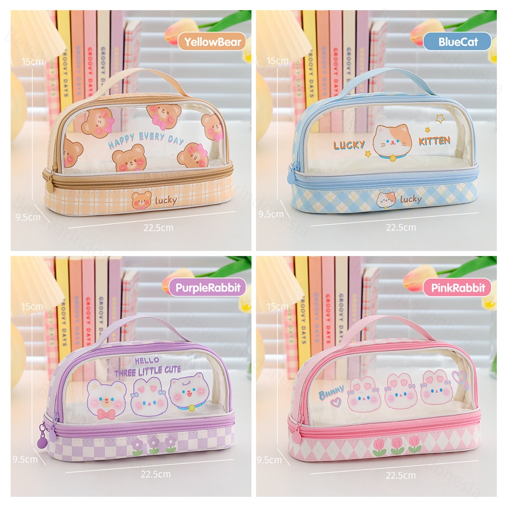 

BEVAVAR Tempat Pensil Dua Lapis Transparan Tas Pensil Motif Lucu Pencil Case Korea Kartun Pen Bag