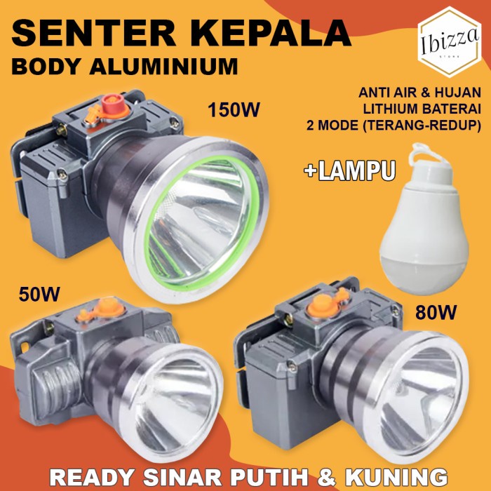 Senter Kepala 35W / 50W / 80W / 150W LED Super Terang Headlamp Battery Lithium Warna Kuning / Putih