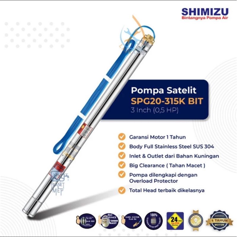 Shimizu Submersible Pump 3" SPG20-315K BIT + Kabel 40 Meter