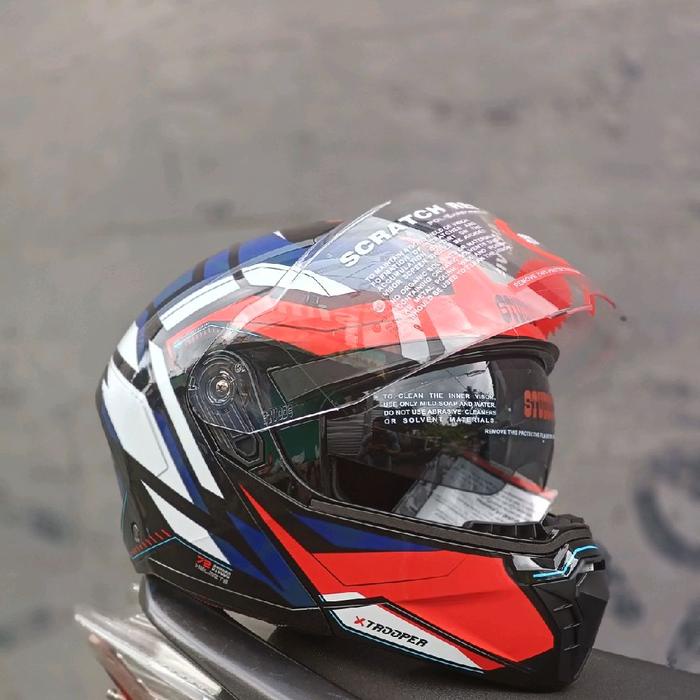 HELM IMPORT FULL FACE MODULAR STUDDS TROPER MOTIF BK/RED , SLOT INTERCOM, DOBLE VISOR ORIGINAL