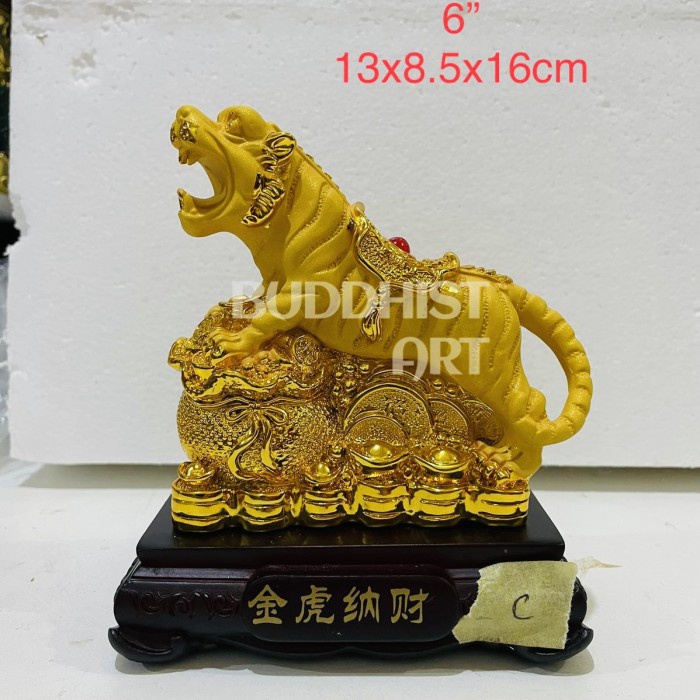 Pajangan 12 Shio Macan Emas Shio Harimau Fiber Tatakan Kayu 6 Inch C