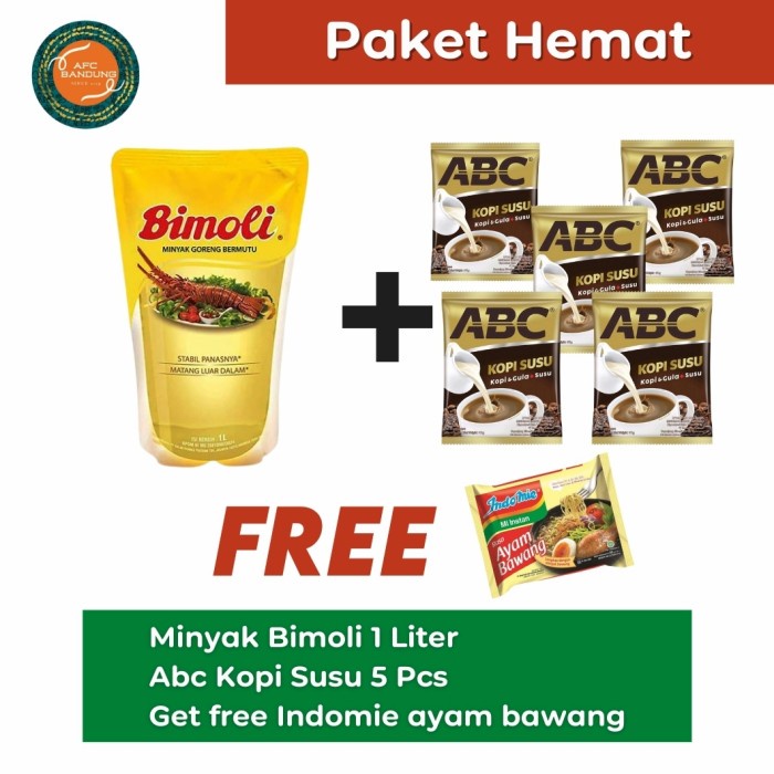 

PAKET PROMO Beli Bimoli 1 Liter + Kopi ABC Susu 5 pcs GRATIS Indomie