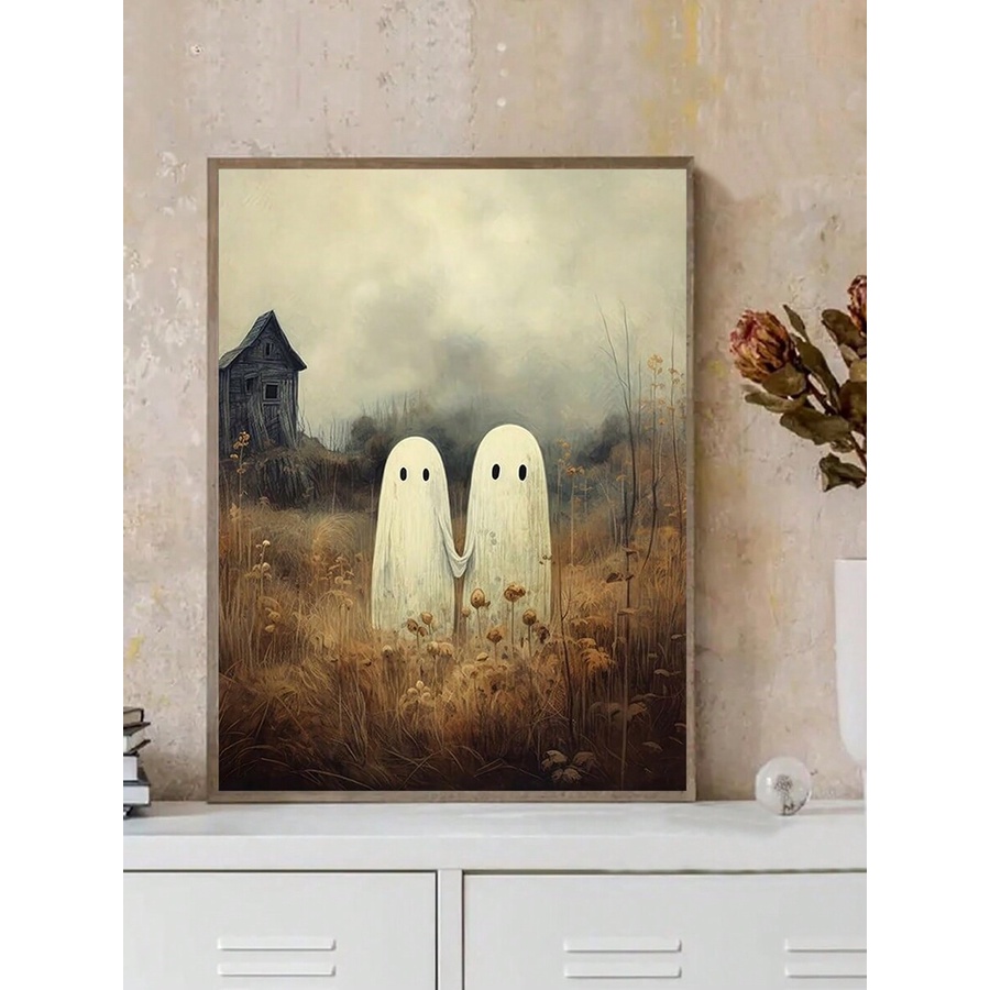 Retro Cute Ghost Companion & Reads Book Canvas Prints Monster Holds Black Cat Wall Art Poster For