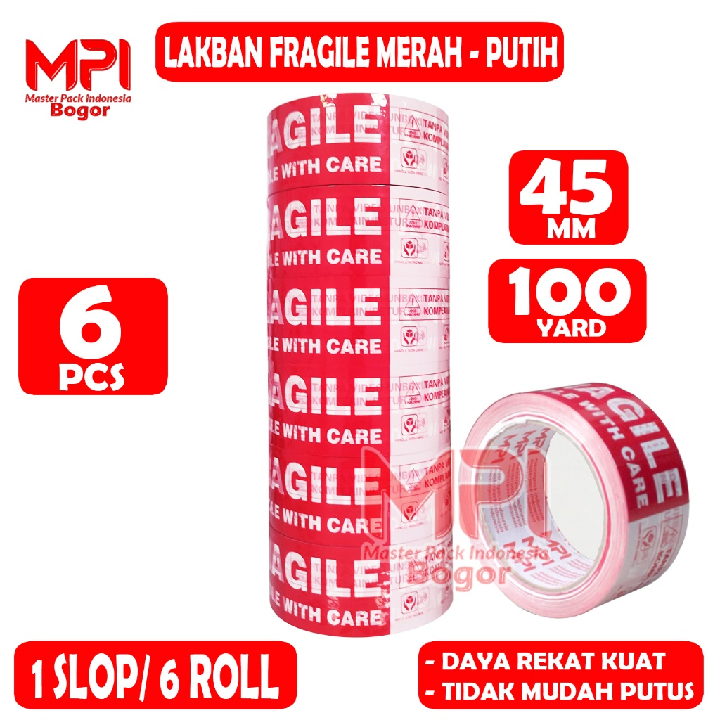 

1 SLOP / 6 PCS - Lakban Fragile Unboxing Merah Putih 45 mm x 100 yard - Jangan Di Banting