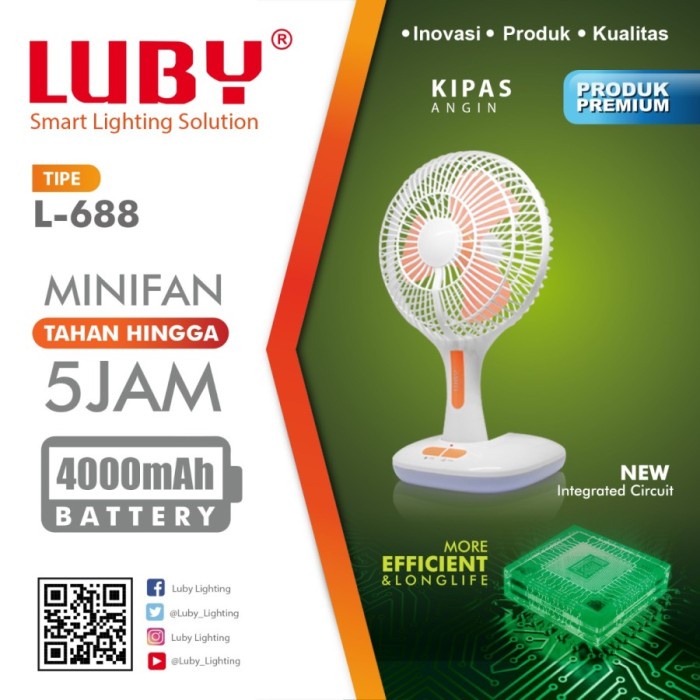 JT READY LUBY L-688 3IN1 (KIPAS + EMERGENCY + CHARGER HP ) / FAN WALL /DESKTOP