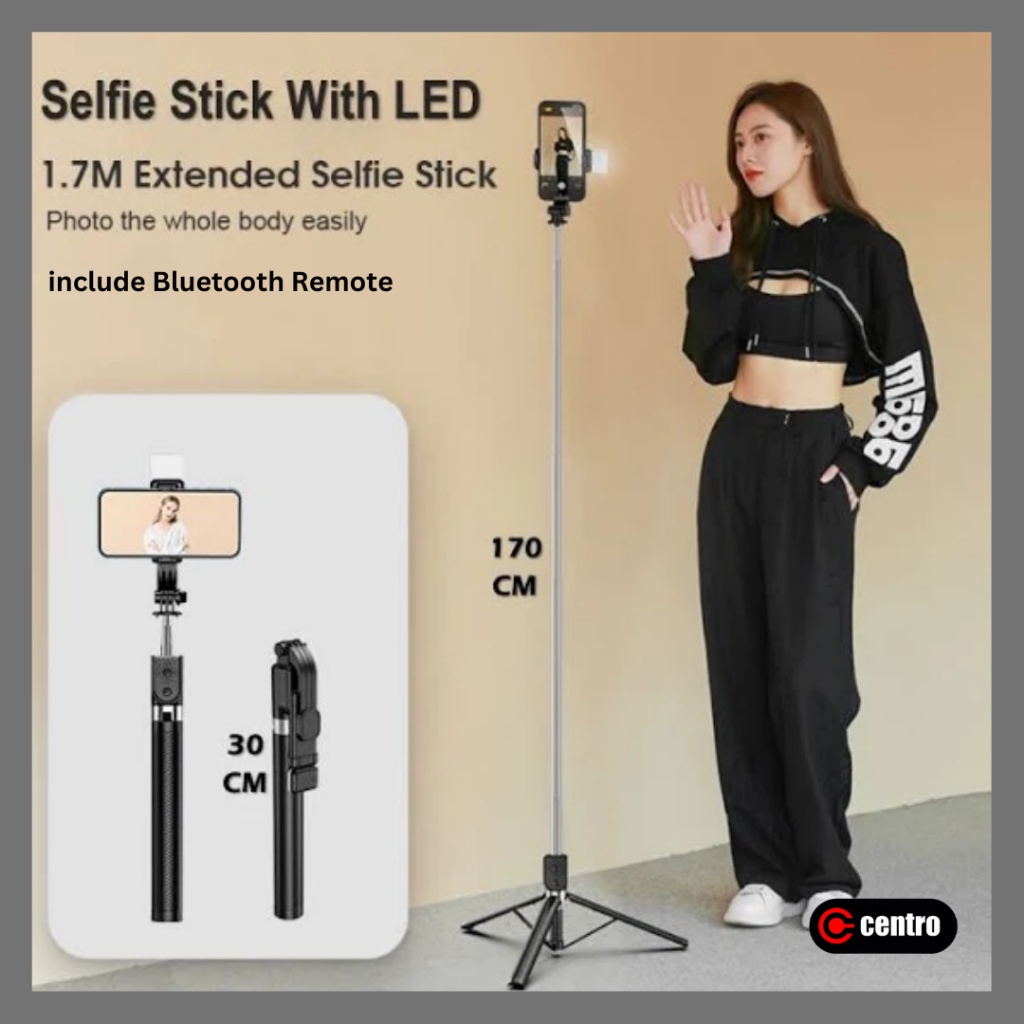 PROMO / Tripod Bluetooth Remote tinggi 1.7 Meter Dengan Led Lampu Tongsis Hp Stand Holder Konten