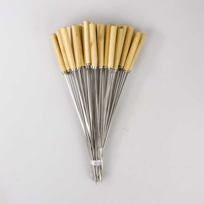 50 Buah Alat Tusuk Sate Stainless Steel Stik Besi Gagang Kayu Tusukan Bakar Ikan Udang Barbeku