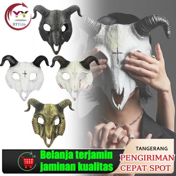 Topeng Tengkorak Domba/ Topeng Tanduk Ram Kambing Tengkorak Halloween