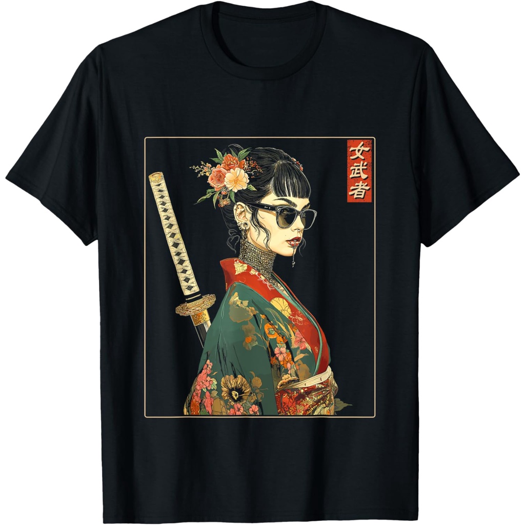 Kaos Wanita Bergambar Seni Samurai Gotik Jepang dengan Pedang Katana