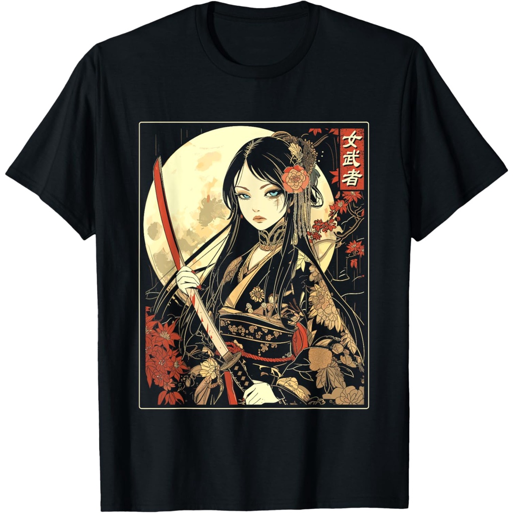 Kaos Wanita Bergambar Seni Samurai Gotik Jepang dengan Pedang Katana