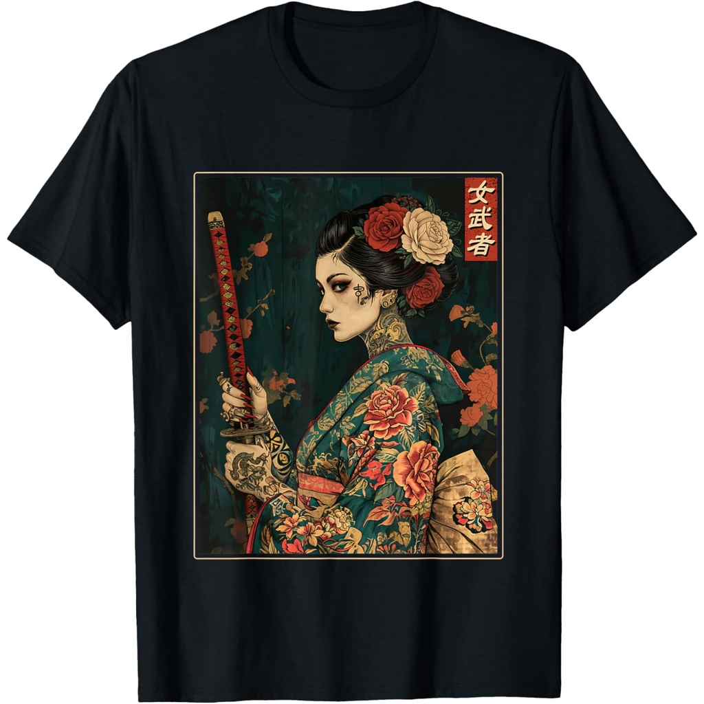 Kaos Wanita Bergambar Seni Samurai Gotik Jepang dengan Pedang Katana