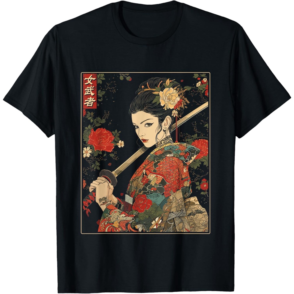 Kaos Wanita Bergambar Seni Samurai Gotik Jepang dengan Pedang Katana