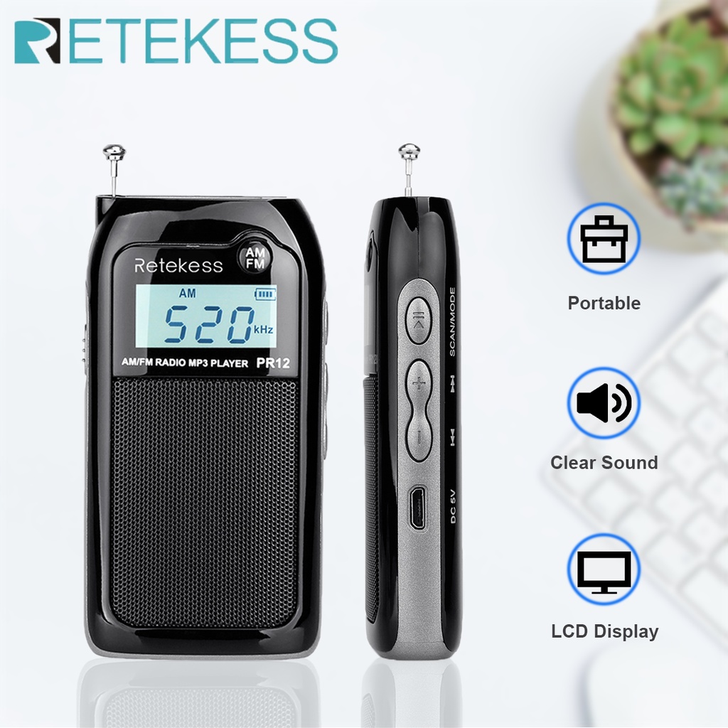 Retekess Pr12 Mini Pocket Radio Portable Rechargable Fm Am Radios Receiver Mp3 With Backlit Display