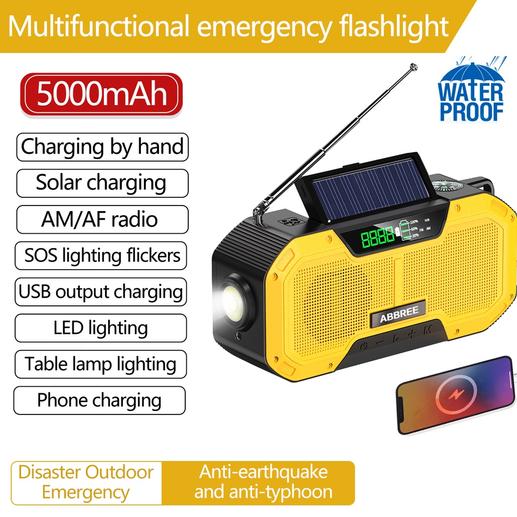 Abbree Waterproof Emergency Radio Auto Scan Am/Fm Charge By Solar Power Hand Crank Usb Charger Power