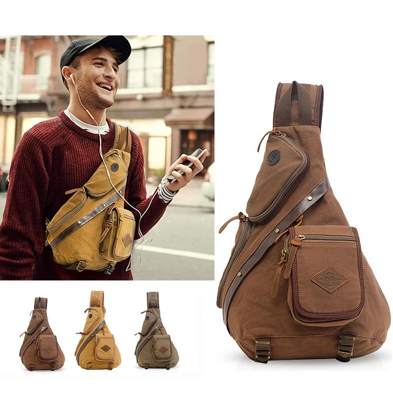 Men Chest Back Pack Bag Vintage Canvas Satchel Single Shoulder Bag Rucksack Knapack Bolsas Male