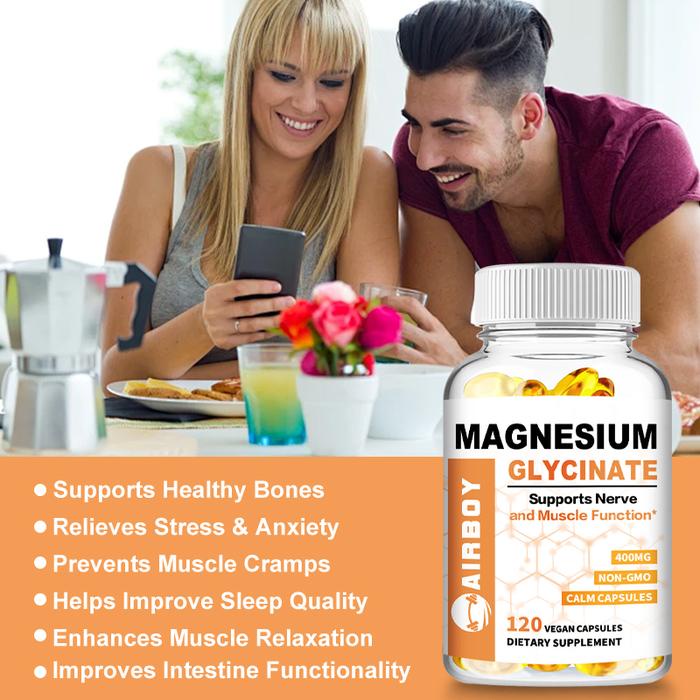 Airboy - Magnesium Glycinate, 400mg, dengan Vitamin B6, D3 - Membantu Saraf, Otot & Tulang - Bebas