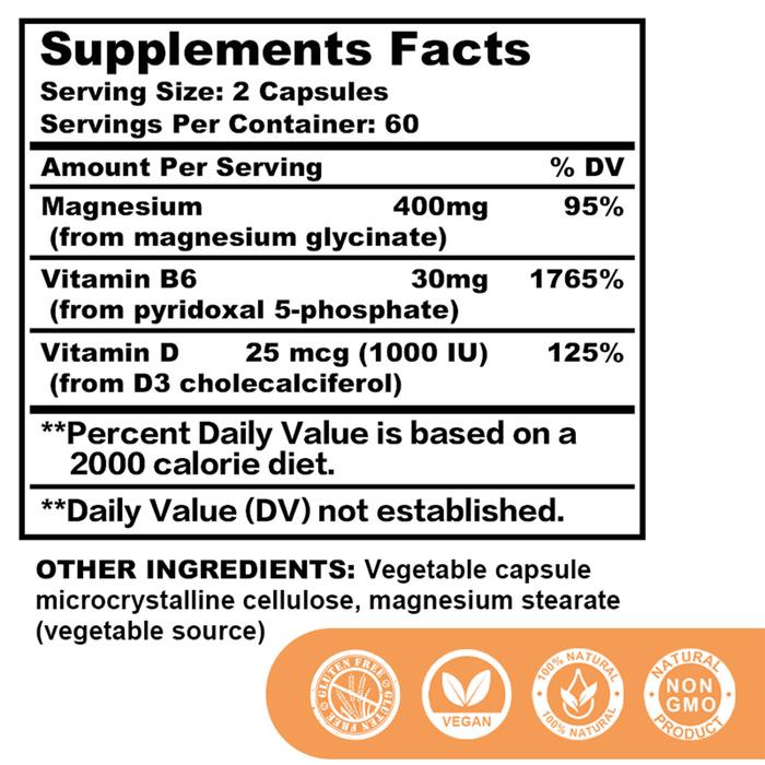 Suplemen Magnesium, Magnesium Glisinat, dengan Vitamin B6, D3 - Membantu Saraf, Otot dan Tulang -