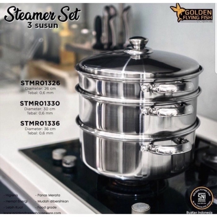 Steamer Set 3 Susun - Golden Flying Fish - Stainless Steel - Kukusan