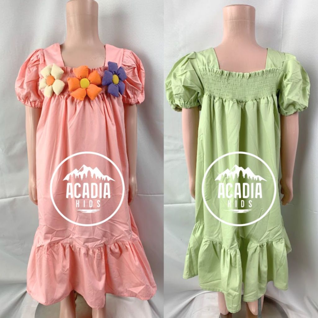 Viral  Dress Anak Perempuan 2-10 Thn Gaun Lengan Pendek Balon Aksen Bunga Motif Polos Ophelia