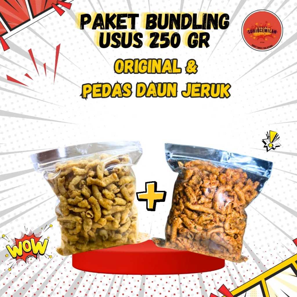 

PROMO!!! PAKET USUS AYAM CRISPY ORIGINAL 250GR DAN USUS AYAM CRISPY PEDAS DAUN JERUK 250GR WE!