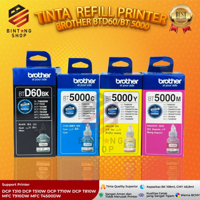 Ready 1 SET 4 PCS Tinta Brother BTD60BK BT5000 Tinta Printer DCP T310 T510W