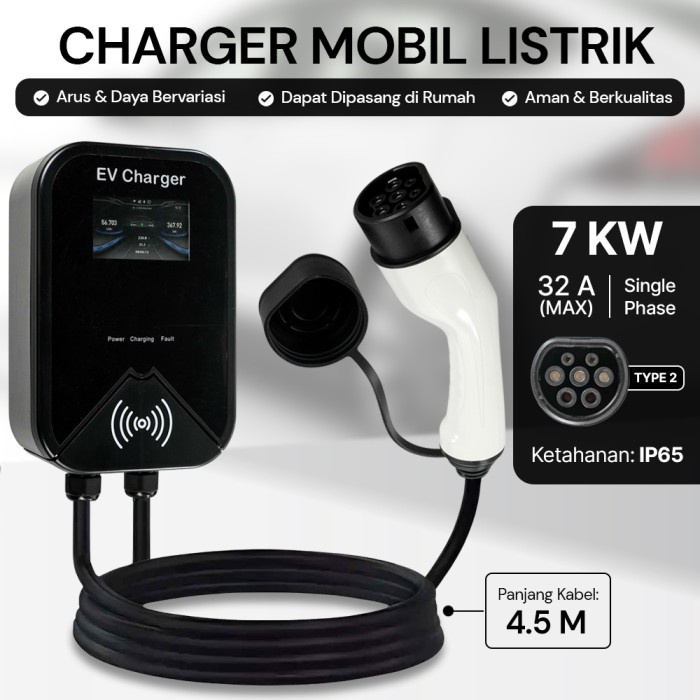 Charger Mobil Listrik Portable Ev Led 32A 7Kw Type 2 Bmw Kia Honda Toyota Wuling Smart App Swipe