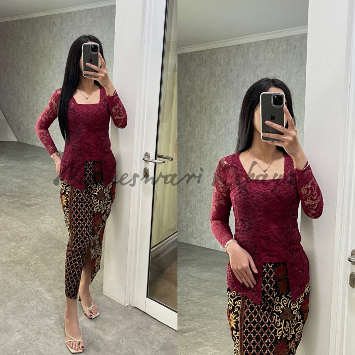 Kebaya Bali Set/Kebaya Bali Panjang Maroon Rok Kuning Produk Berkualitas