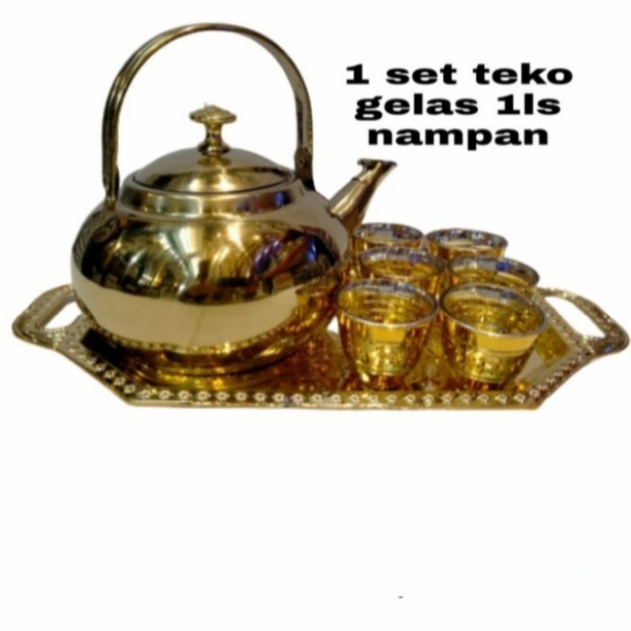 PREMIUM teko stenlis kuning 1 set//teko kuning arab gelas nampan
