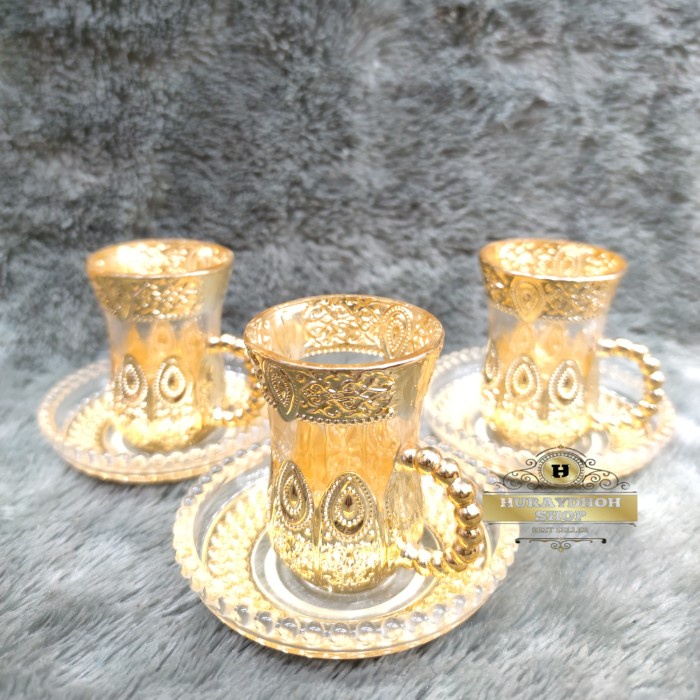 LANGSUNG DIPROSES Set Cangkir + Tatakan Arab Kombinasi Gold Gelas Turki Cangkir Teh Arab