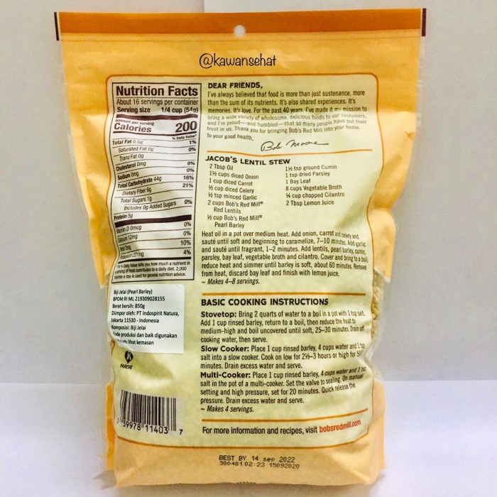 

Bob's Red Mill Pearl Barley 850gr Bob BRM Jali Jali Jelai Premium