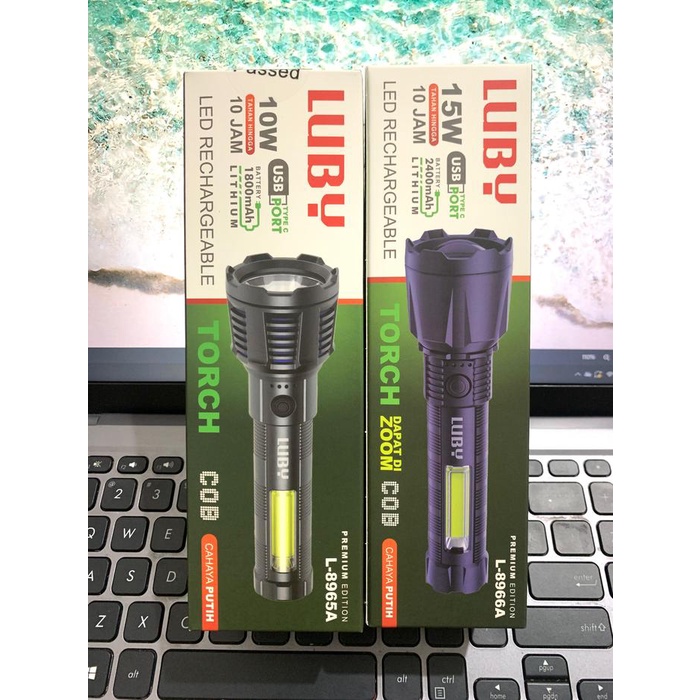 Terlaris LUBY L-8965A / L-8966A Senter Tangan Led Rechargeable COB Cahaya Putih Senter Original Luby