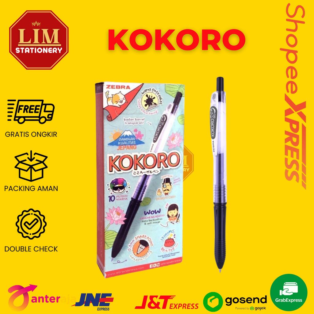 Pulpen Gel Kokoro Hitam/Biru (1Pak/12Pcs) 0.5Mm Zebra