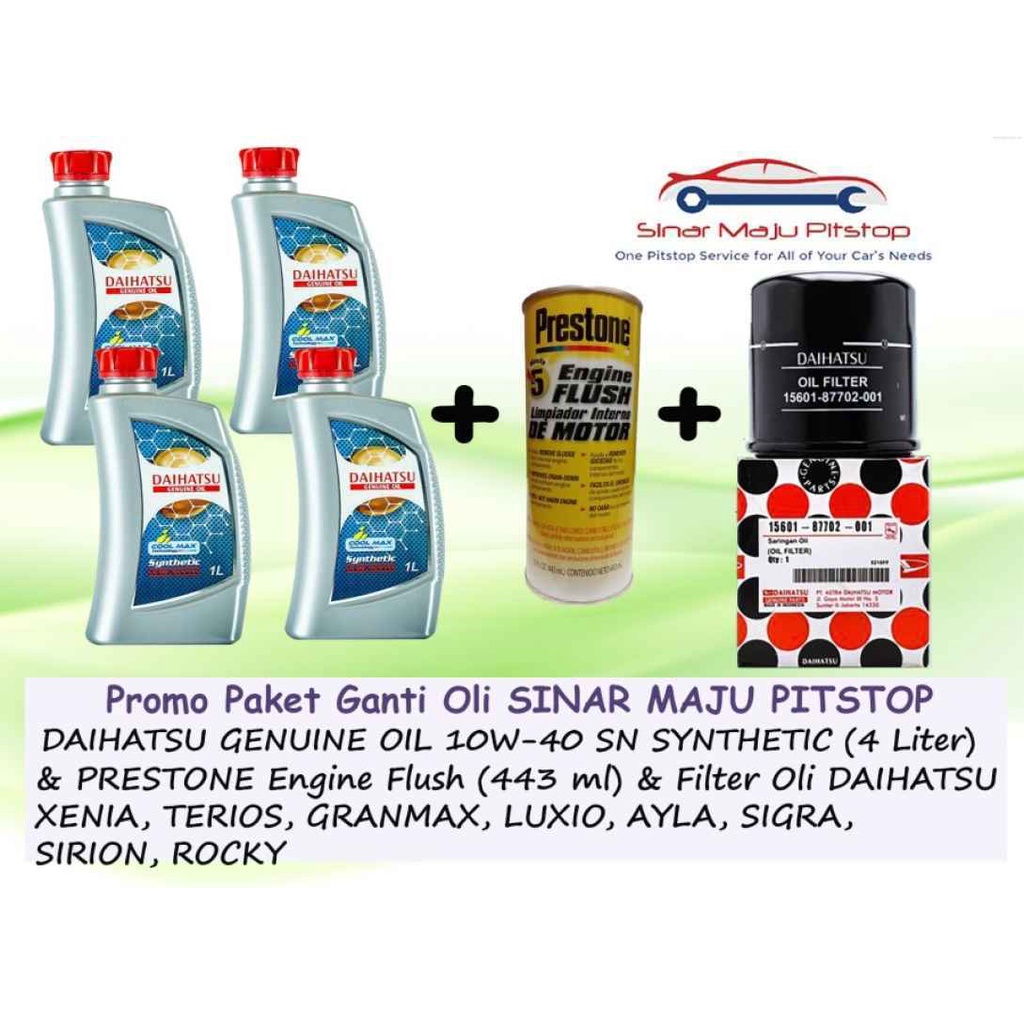 Paket Ganti Oli DAIHATSU GENUINE OIL 10W-40 SN Original 4 Liter & Engine FLUSH & Filter Mobil AYLA &