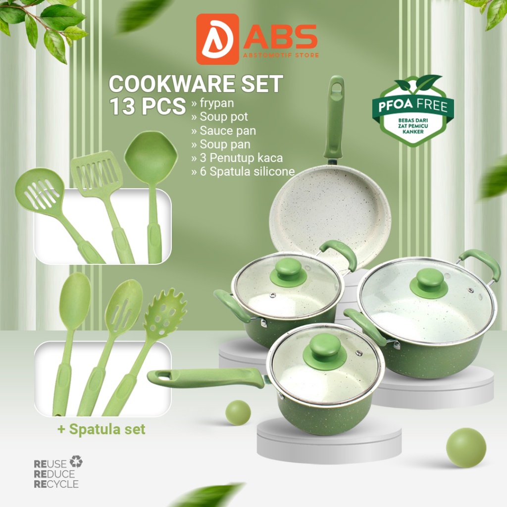 HONGZHUO BY ABS PANCI TEFLON MARBLE - 13 PCS COOKWARE SET TUTUP KACA COOKWARE PANCI SET WAJAN