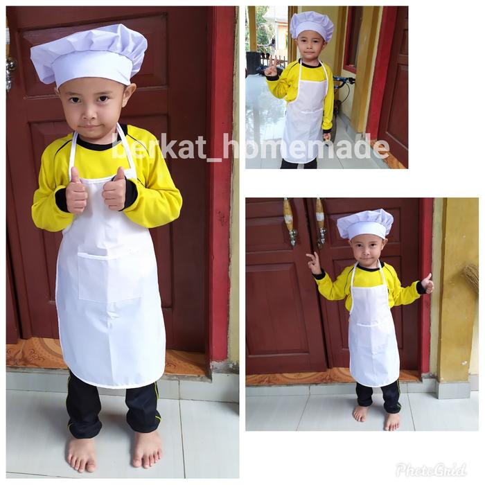 serba- celemek anak TK apron plus Topi Koki chef anak