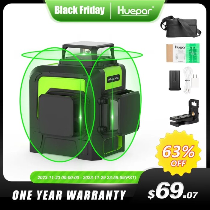 Huepar 12 Lines 3D Cross Line Laser Level Green Laser Beam Line