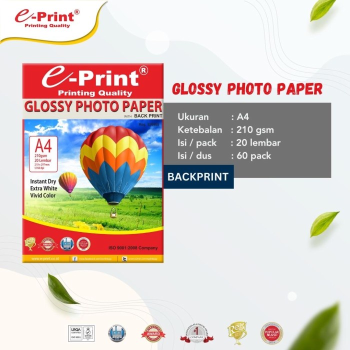 

New Kertas Foto e-Print Glossy Back Print A4 210 gsm