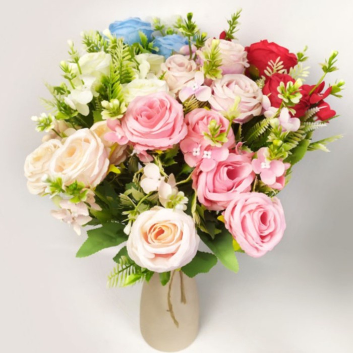 New Bunga Mawar Plastik 4 Kuntum Rose Artificial Bunga Palsu Import