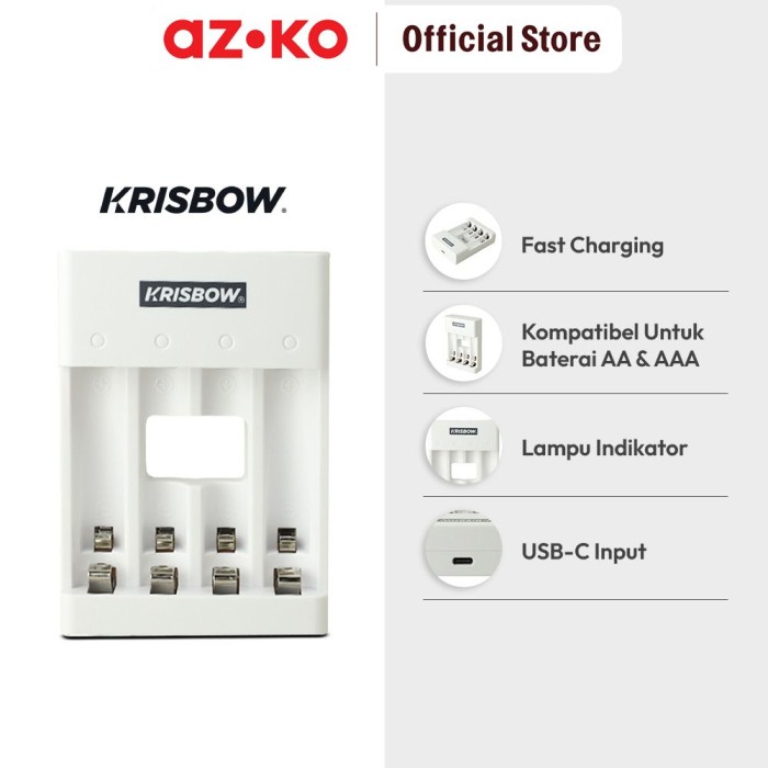 AZKO Krisbow Charger Baterai 4 Slot Aa/Aaa Fast Charging Casan Batre Isi Ulang Peralatan Elektronik