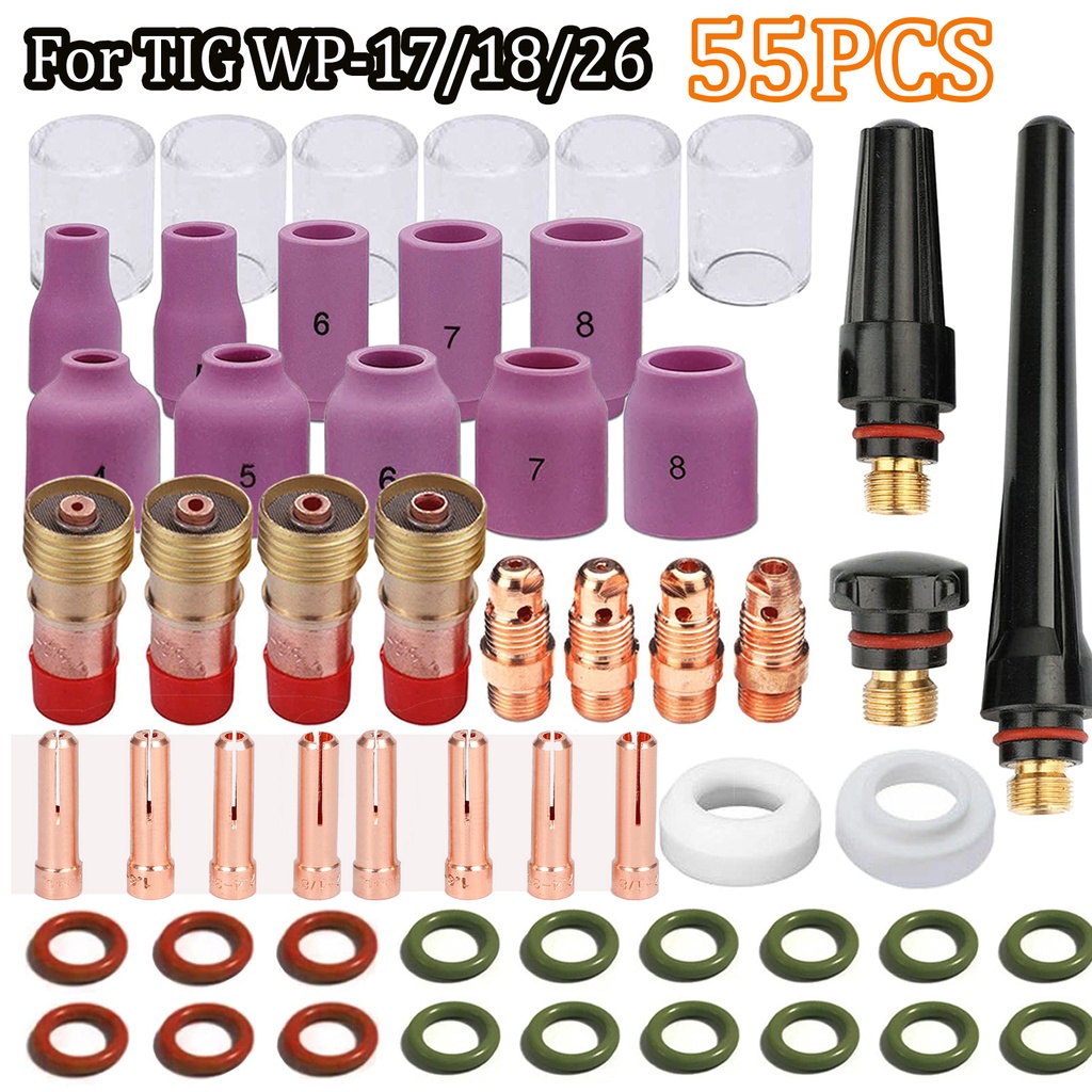 55Pcs Tig Welding Torch, Nozzle Stubby Gas Lens Glass Cup Welding Accessories For Tig Wp-17/18/26