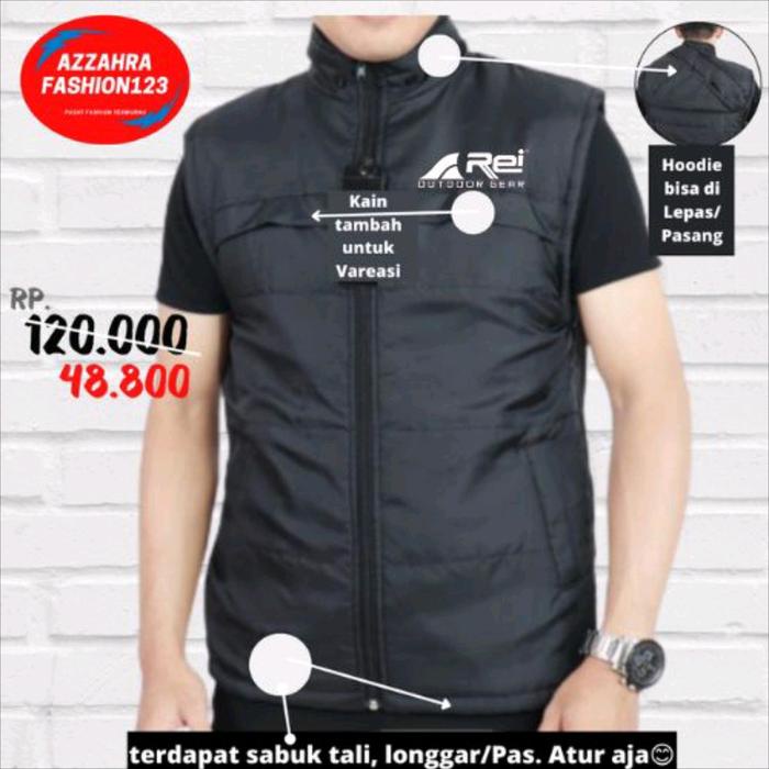 ROMPI PARASUT REII OUTDOOR lapisan Dakron kupluk bisa dilepas - Rompi polos pria tebal hitam dewasa
