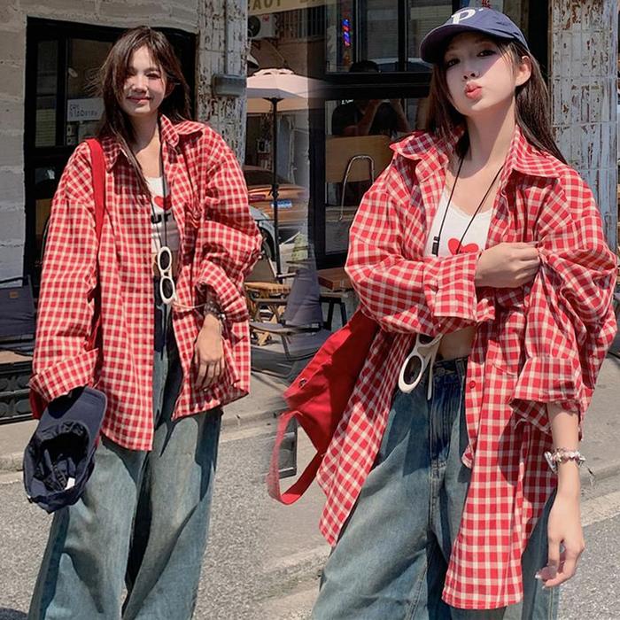 BEST SELLER #RapikiStore Kemeja Outer Kotak-Kotak Allsize Merah Retro kemeja Kerah POLO Lengan