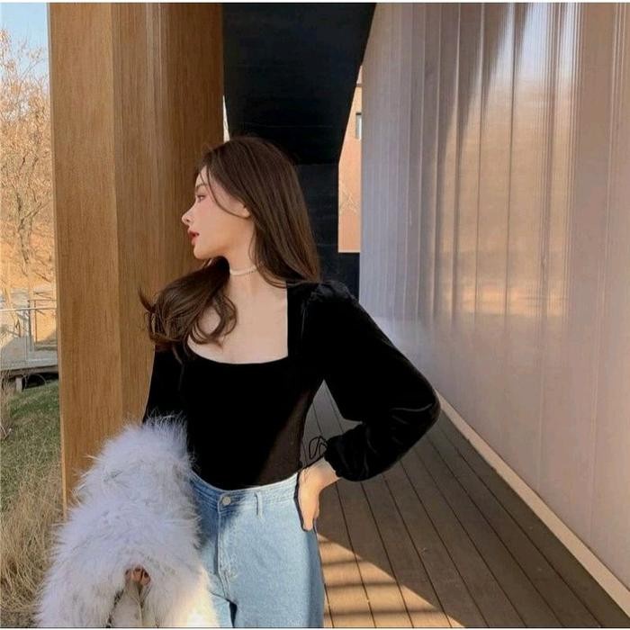(Expert) Stella Korean Blouse Top Square Neck Velvet/ Atasan Bludru Korea Tangan Balon 004 Baju