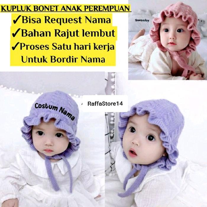 Kidelle- Kupluk Bonet Anak perempuan Bisa Bordir Nama / Topi Bayi Rajut Anak Free Bordir Nama